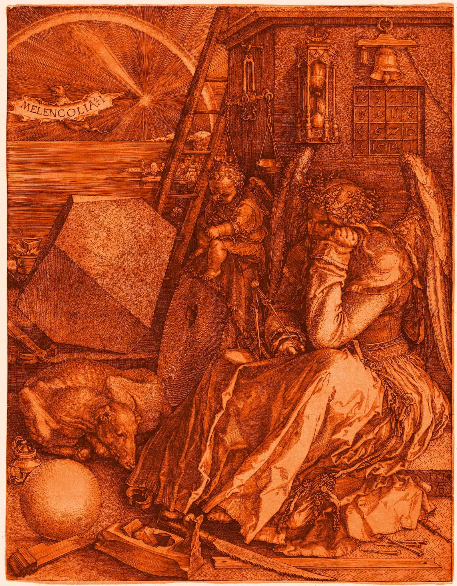 A winged figure surrounded by tools, deep in thought