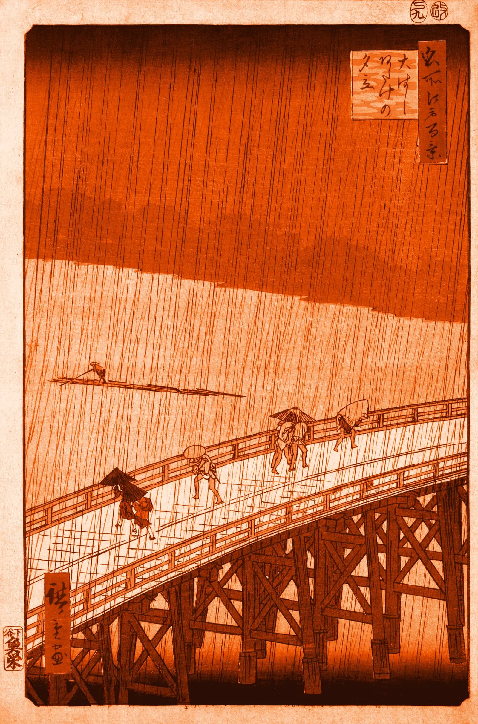 Travellers hurrying across a long bridge in a sudden downpour