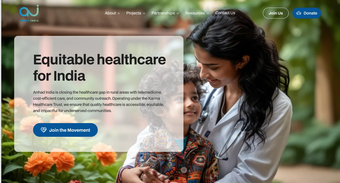 Anhad India homepage hero: 'Equitable healthcare for India' over a portrait of a doctor with a patient
