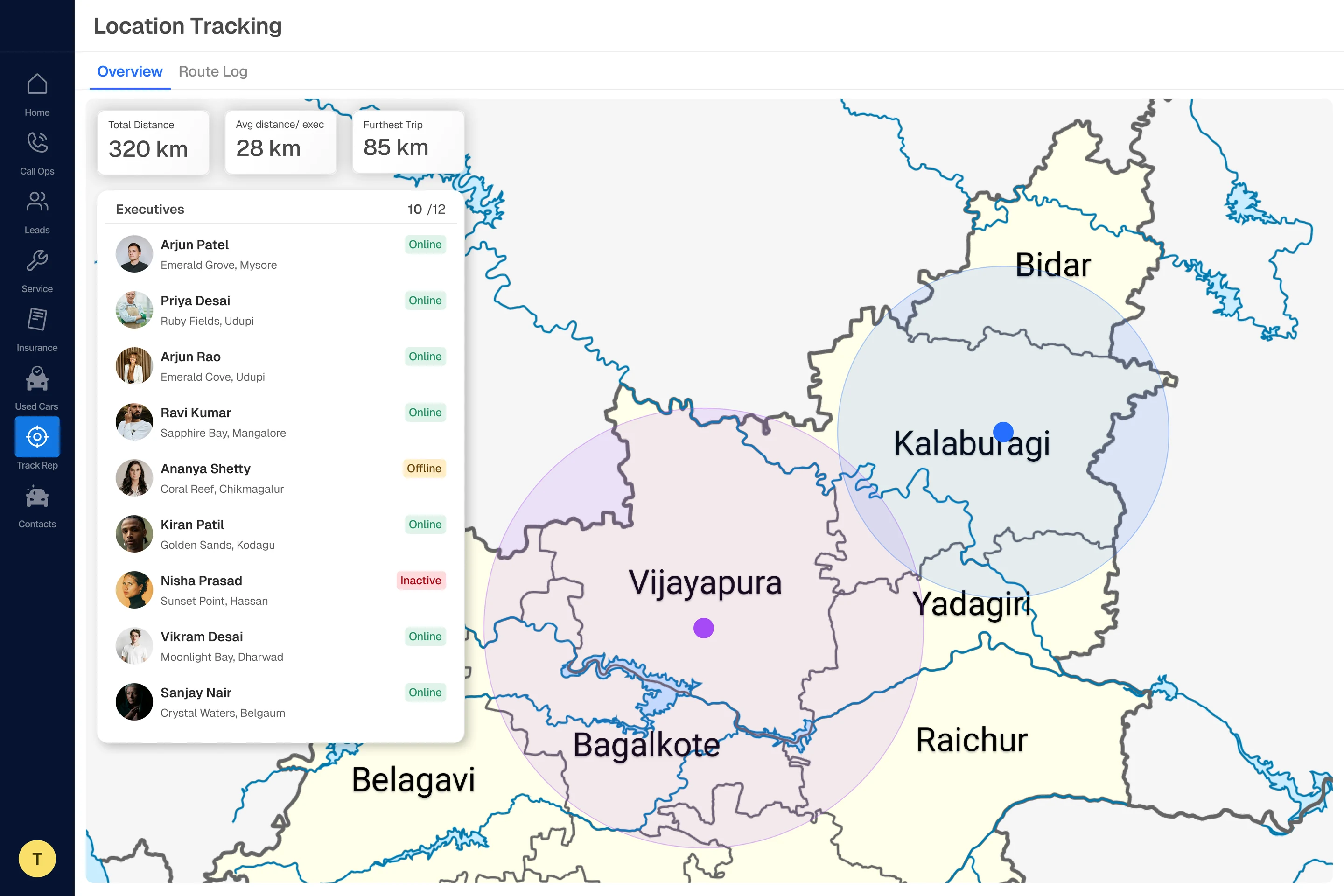 Location Tracking overview: field executives listed beside a map of their coverage areas