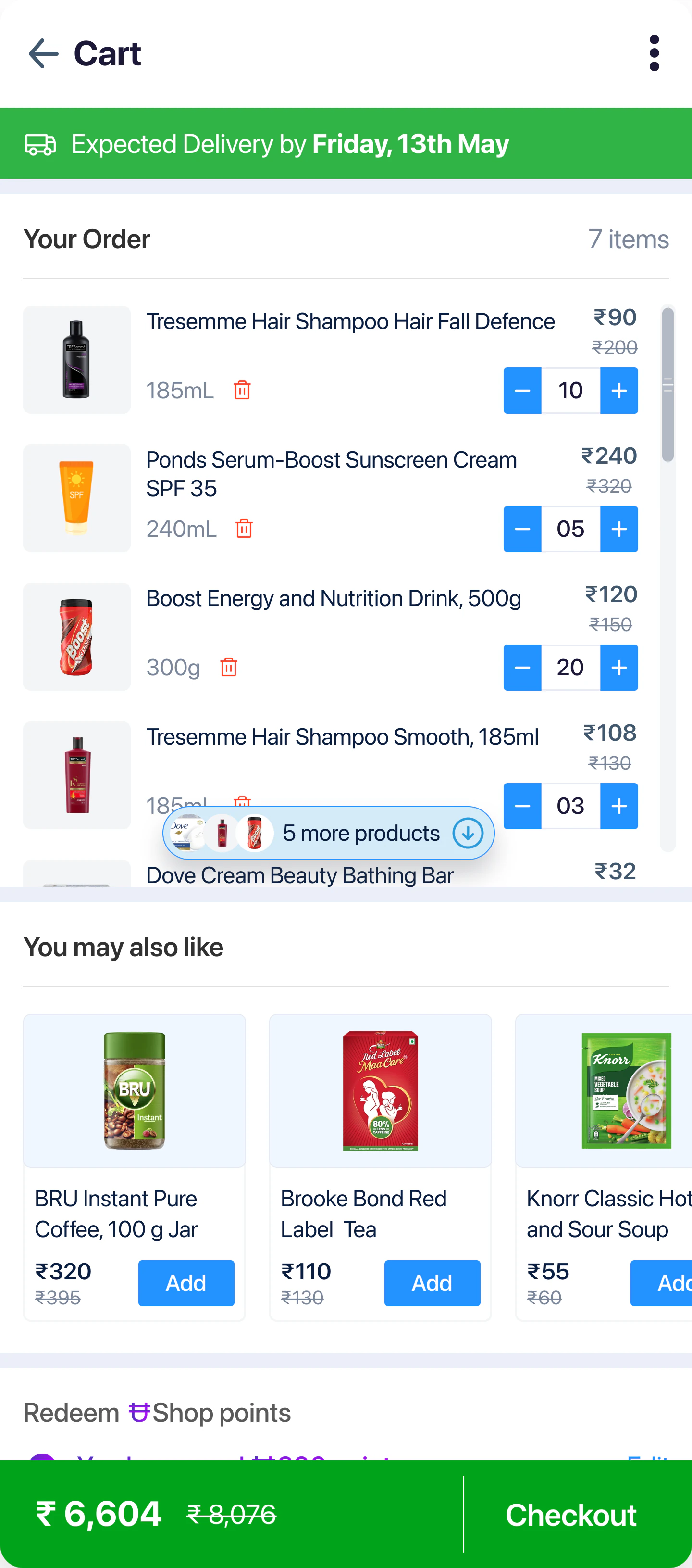 The cart: the order list scrolls inside a fixed-height region, with a pill counting five more products, suggestions and shop points below