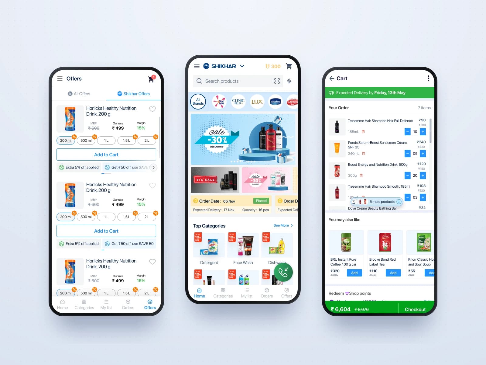 Shikhar offers, home and cart screens standing in a row on a pale blue backdrop